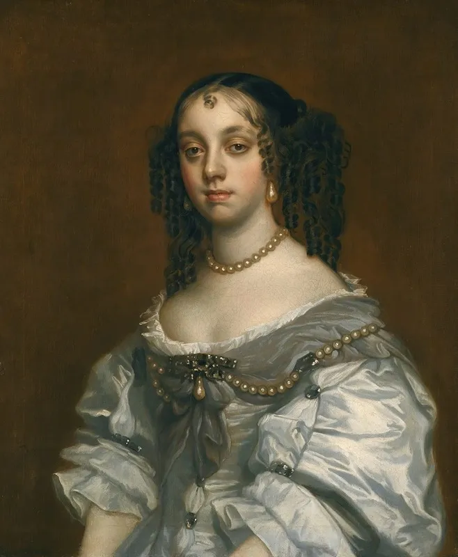 Portrait Of Queen Catherine Of Braganza 1638 1705 Wall Art by Workshop of Sir Peter Lely - High-Resolution Digital Print
