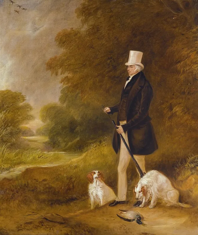 Portrait Of Sir William Mordaunt Sturt Milner 4th Bt 1779 1855 With Two Clumber Spaniels Out Shooting Wall Art by John Ferneley - High-Resolution Digital Print