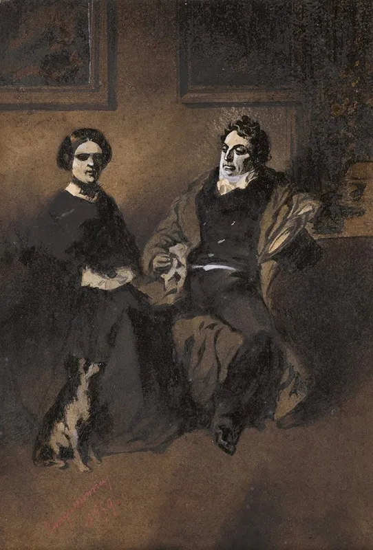 Portrait Of The Actor Frederick Lemaitre With His Wife And Dog Wall Art by Henry Bonaventure Monnier - High-Resolution Digital Print