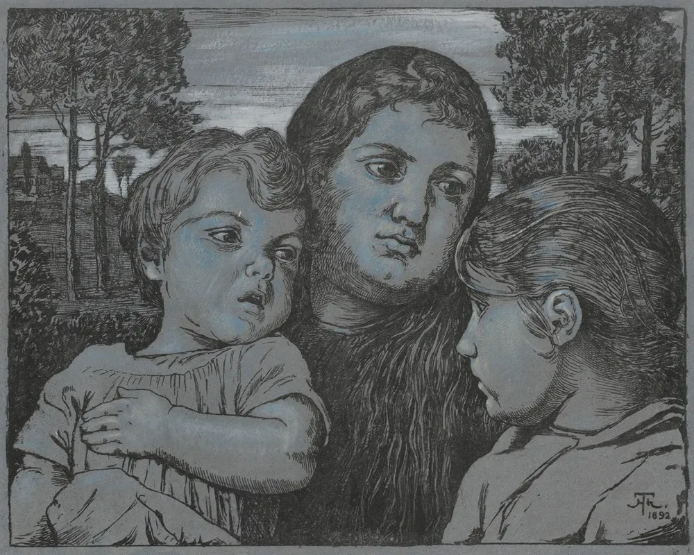 Portrait Of The Artists Wife Celli With Two Children Against The Background Of A Landscape Wall Art by Hans Thoma - High-Resolution Digital Print