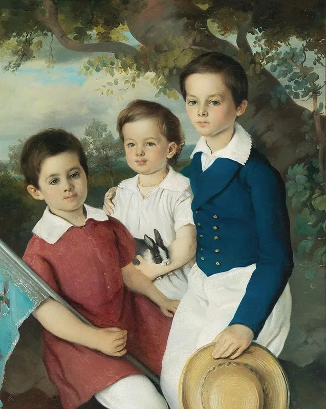 Portrait Of Three Children With Rabbit Wall Art by Circle of Joseph Weidner - High-Resolution Digital Print