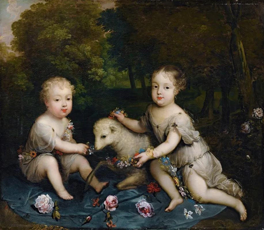 Portrait Of Two Children With A Lamb Wall Art by Circle of Henri Gascar - High-Resolution Digital Print
