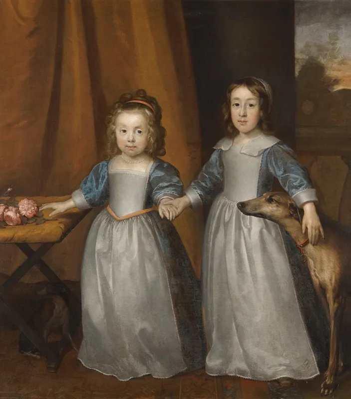 Portrait Of Two Young Girls On A Terrace With Two Hounds A Landscape Beyond