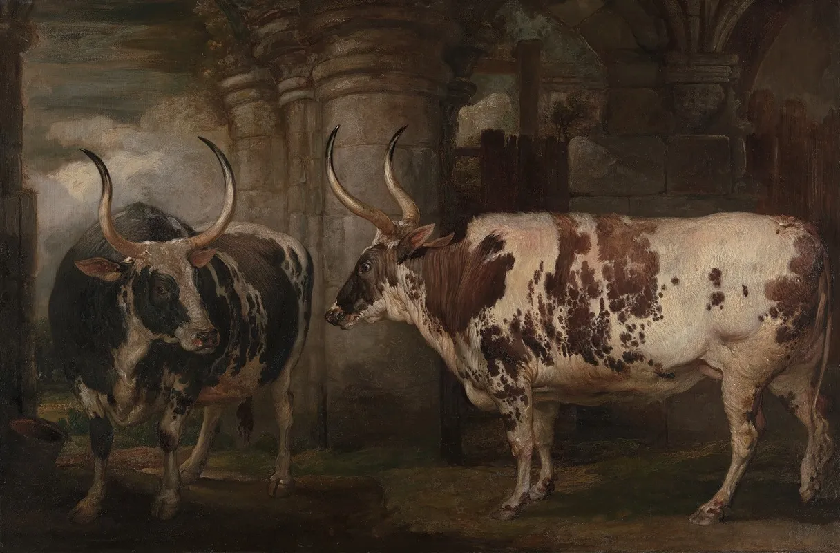 Portraits Of Two Extraordinary Oxen The Property Of The Earl Of Powis Wall Art by James Ward - High-Resolution Digital Print