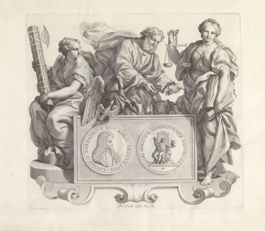 Portret Van Antonio Barbarigo En De Personificaties Rechtvaardigheid Naastenliefde En Bestuur Wall Art by Robert van Audenaerde - High-Resolution Digital Print