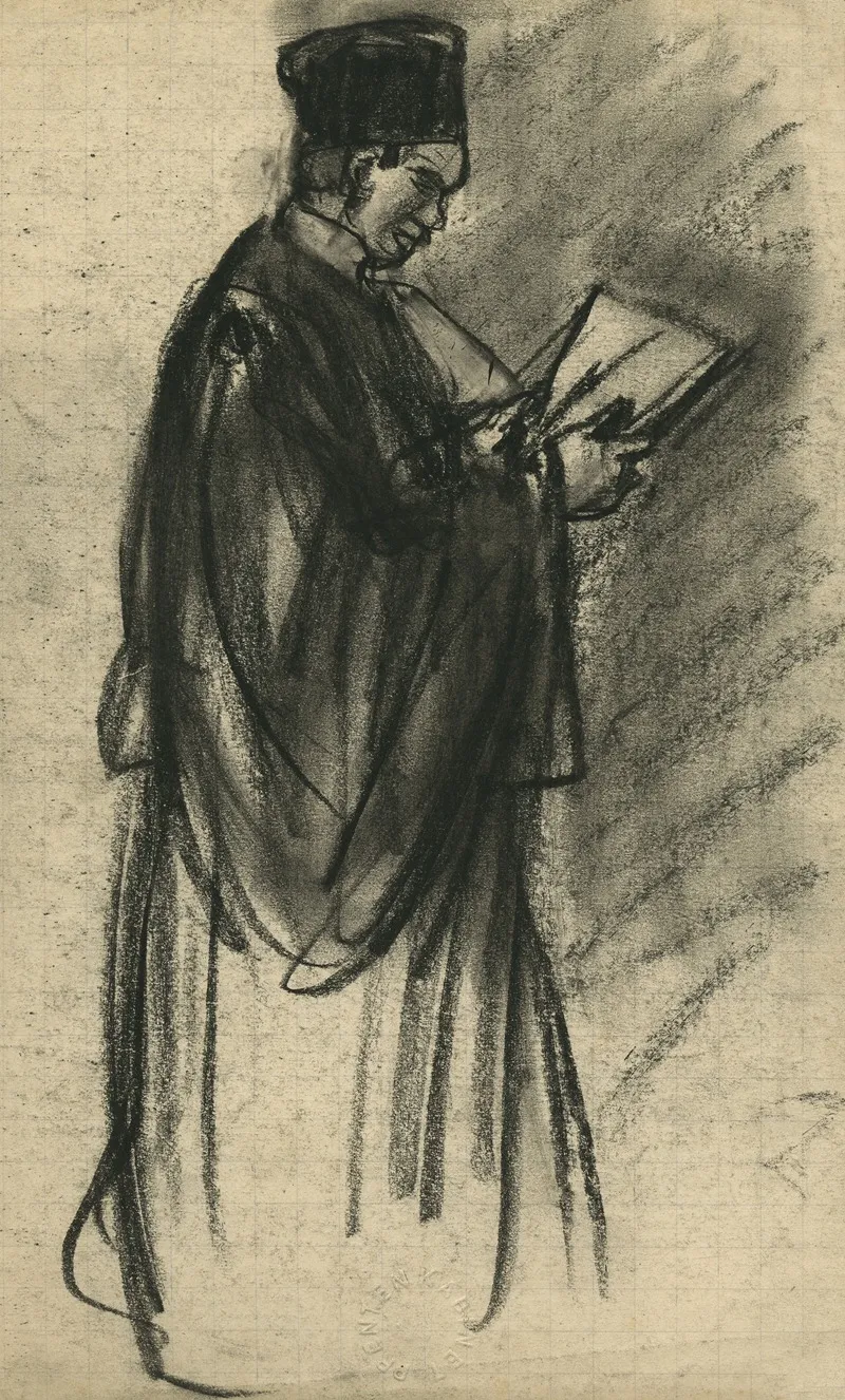 Portret Van Een Staande Man In Toga Profiel In Zijn Handen Papieren Die Hij Leest