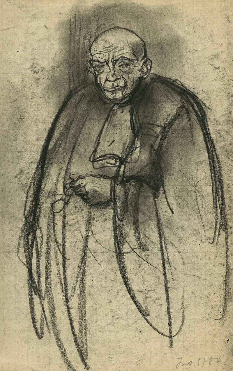 Portret Van Een Staande Man In Toga Vooraanzicht Handen Samen Op Zijn Buik