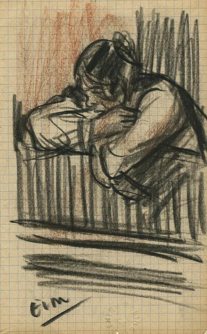 Portret Van Een Vrouw In Profiel Geleund Over Zetelrand Naar Beneden Kijkend