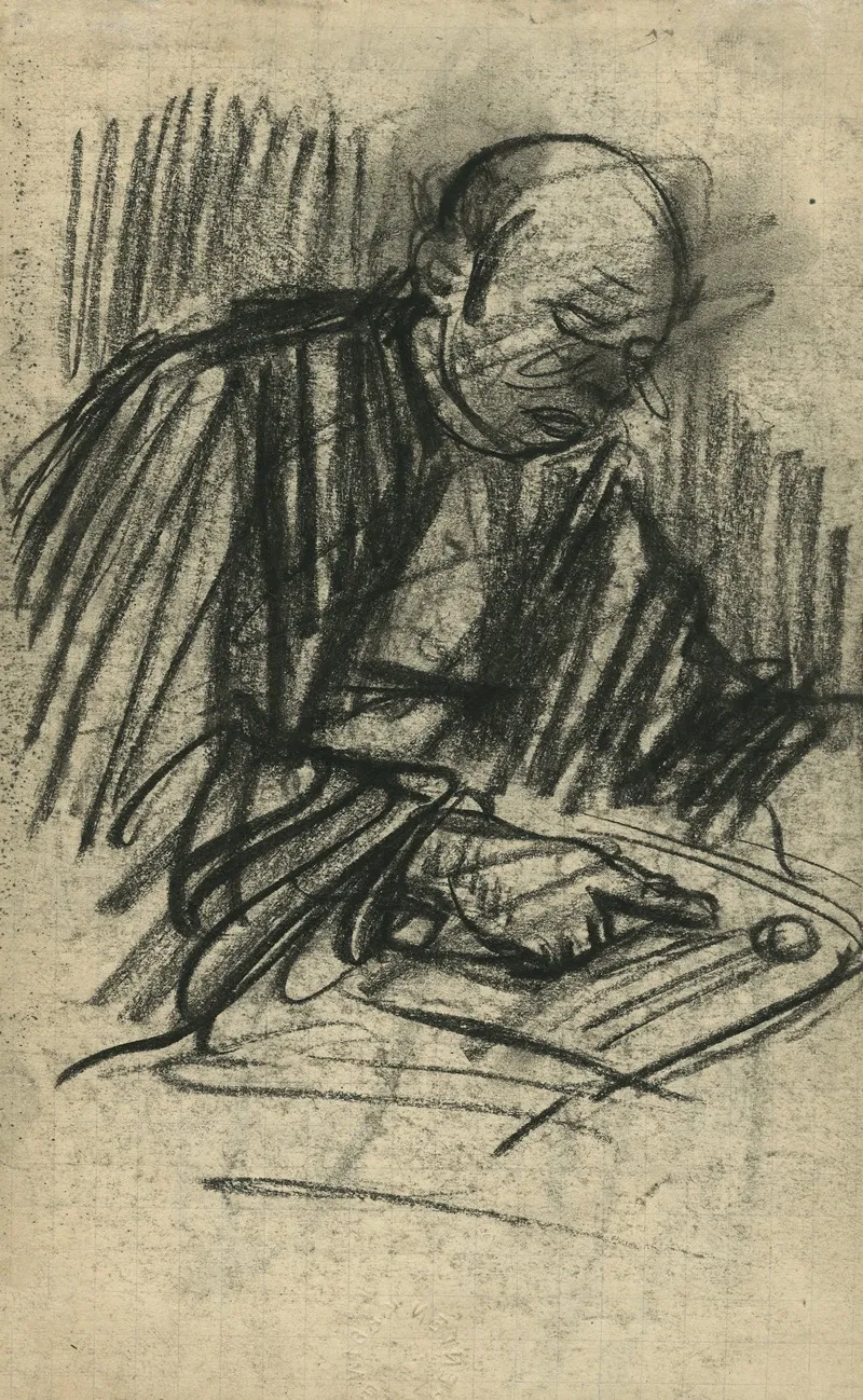 Portret Van Een Zittende Lezende Man Rechterhand Wijsvinger Op De Papieren