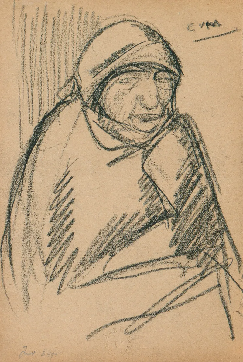 Portret Van Een Zittende Vrouw Met Hoofddoek En Sjaal Rond Haar Schouders Gedrapeerd