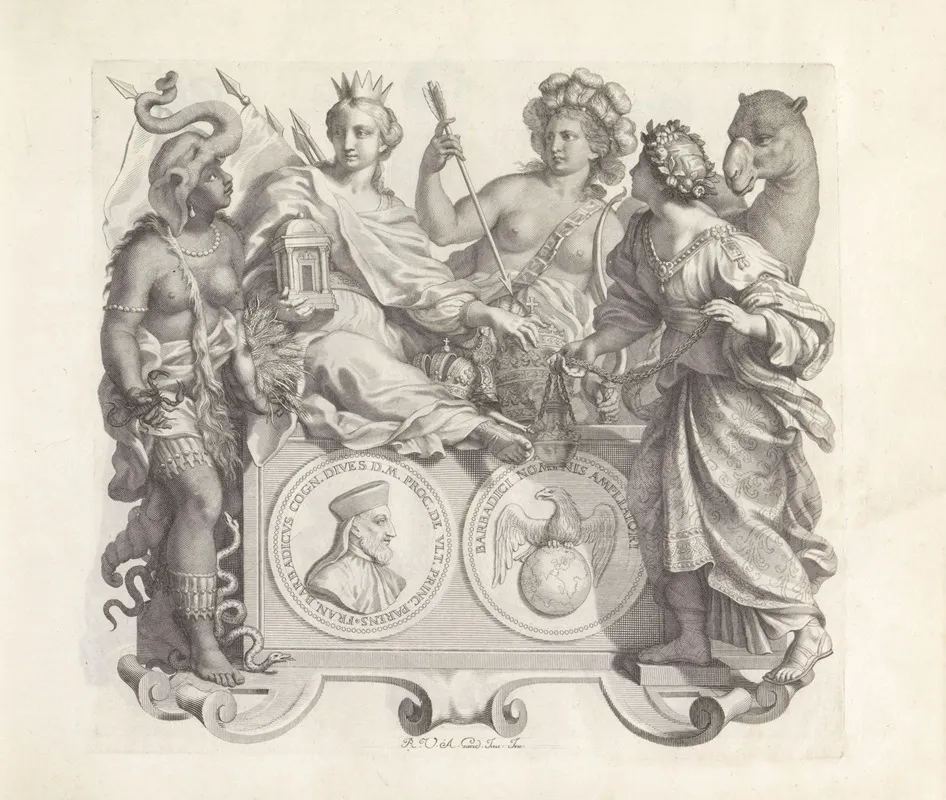 Portret Van Francesco Barbarigo En De Personificaties Van Afrika Europa Amerika En Azie Wall Art by Robert van Audenaerde - High-Resolution Digital Print