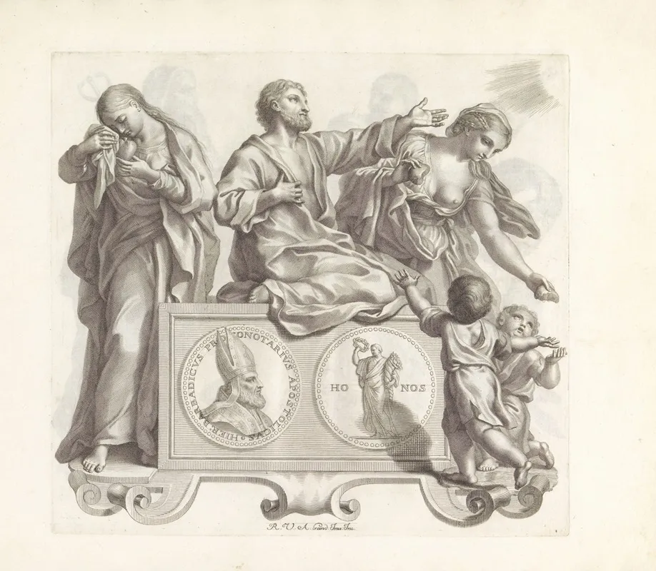 Portret Van Girolamo Barbarigo Met De Personificaties Van Drie Zaligheden Wall Art by Robert van Audenaerde - High-Resolution Digital Print