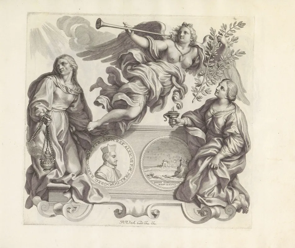 Portret Van Gregorio Barbarigo En De Personificaties Van Gebed Goed Gerucht En Religie Ijver Wall Art by Robert van Audenaerde - High-Resolution Digital Print