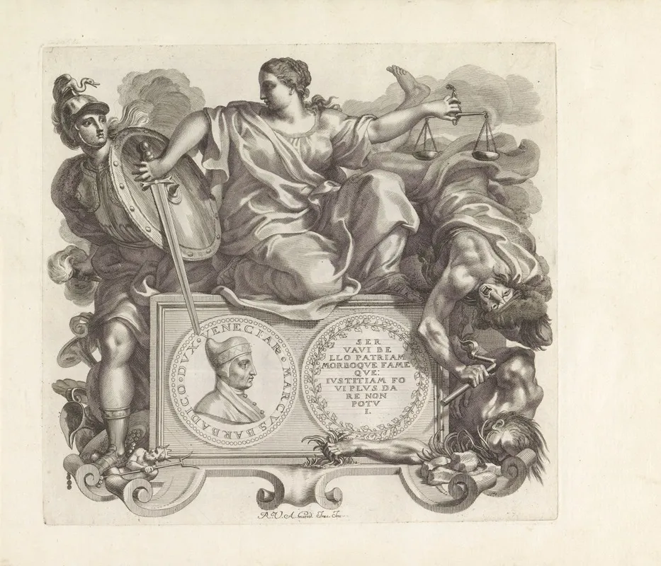 Portret Van Marco Barbarigo En De Personificaties Van Waakzaamheid En Gerechtigheid Wall Art by Robert van Audenaerde - High-Resolution Digital Print