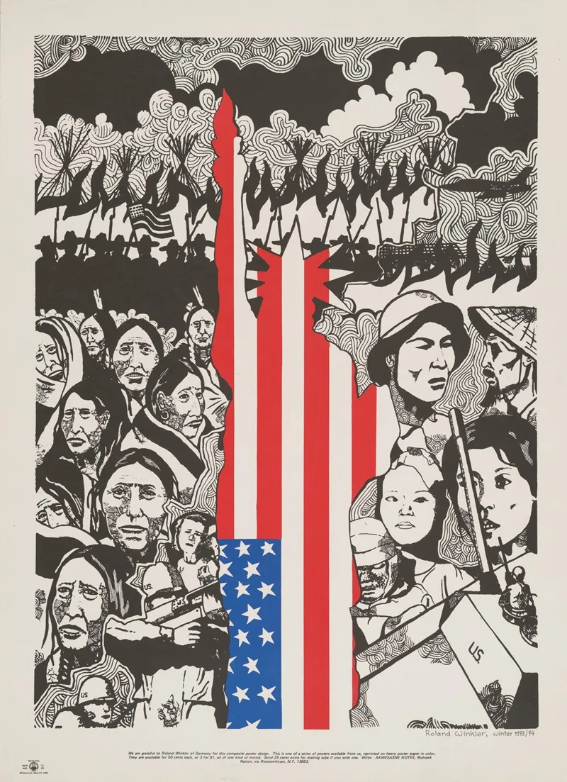 Poster Showing Composite Drawing Juxtaposing North American Indians With Vietnamese With Flag In Shape Of Statue Of Liberty Superimposed by Roland Winkler - High-Resolution Digital Print