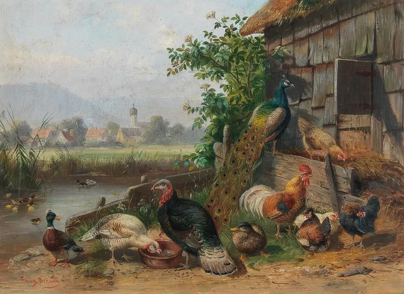 Poultry At The Pond In The Background A Village Wall Art by Franz Bernier - High-Resolution Digital Print