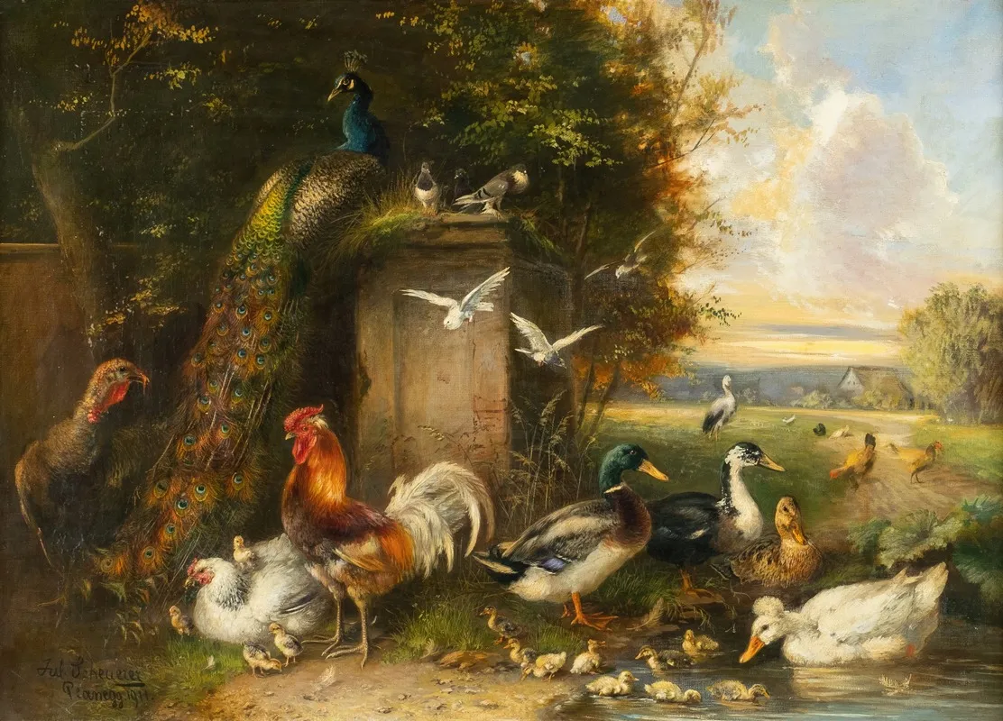 Poultry With Chicken Ducks And Peacock Wall Art by Julius Scheuerer - High-Resolution Digital Print