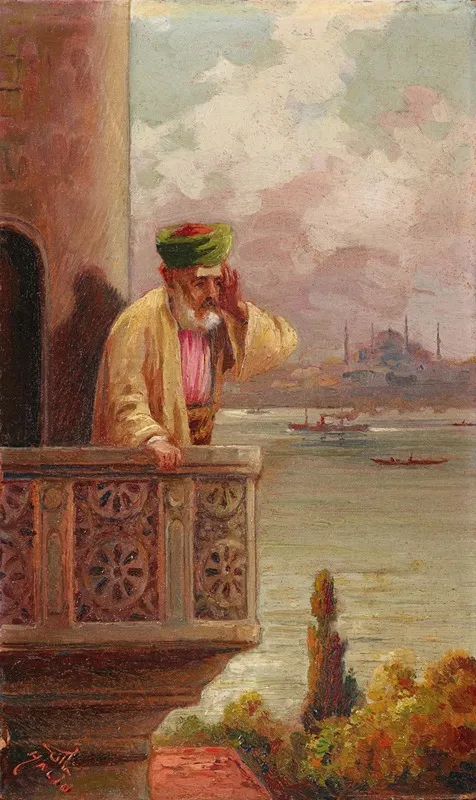 Prayer In Cihangir With The Hagia Sofia In The Distance Wall Art by Halid Naci - High-Resolution Digital Print