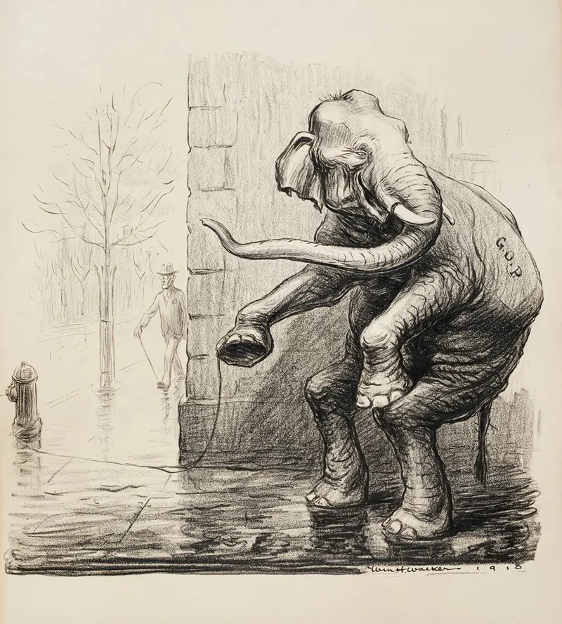 President Woodrow Wilson Walks Calmly Down The Street As The Republican Party Elphant Hides Around The Corner