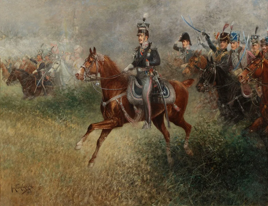 Prince Jozef Poniatowski Leading The Army Near Leipzig Wall Art by Jan Chełmiński - High-Resolution Digital Print