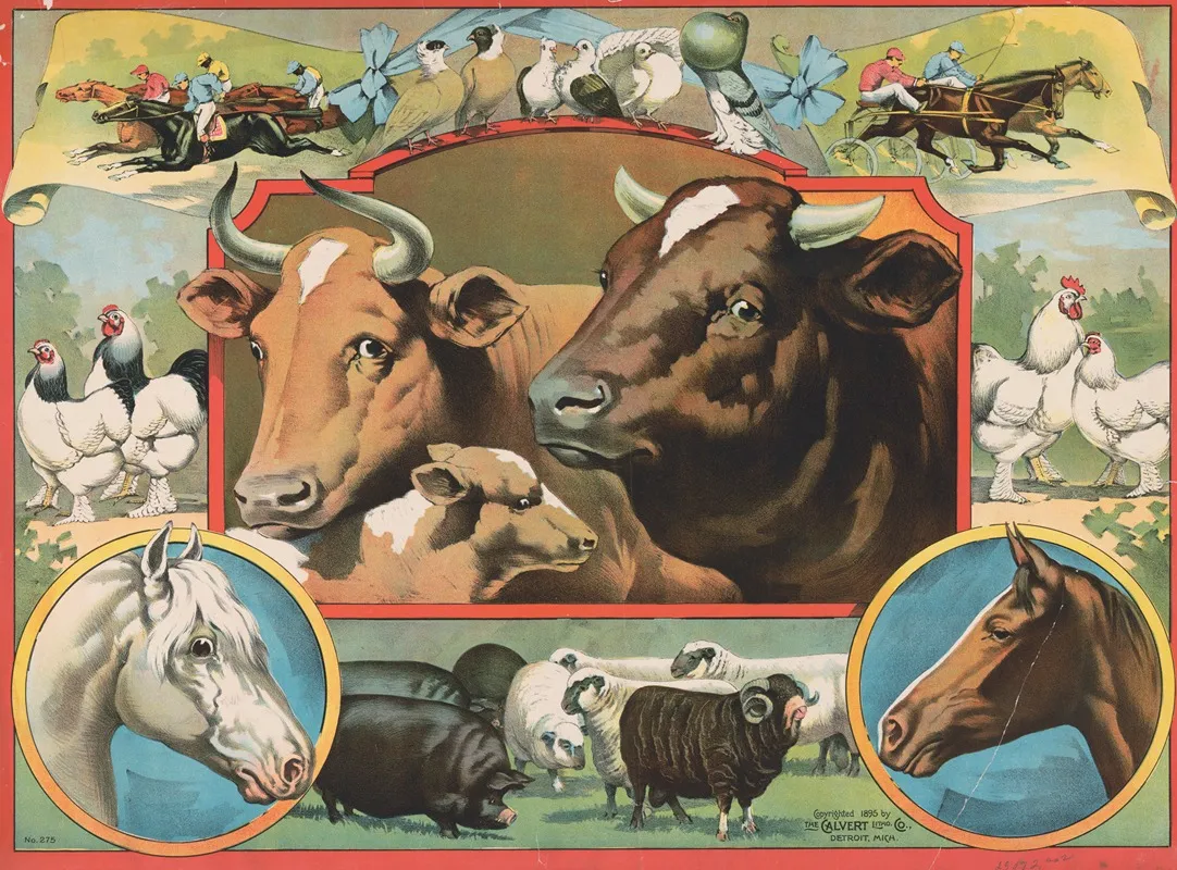 Print With Cows At The Center And Chickens Horses Sheep And Birds Surrounding The Cows by Calvert Litho. Co - High-Resolution Digital Print