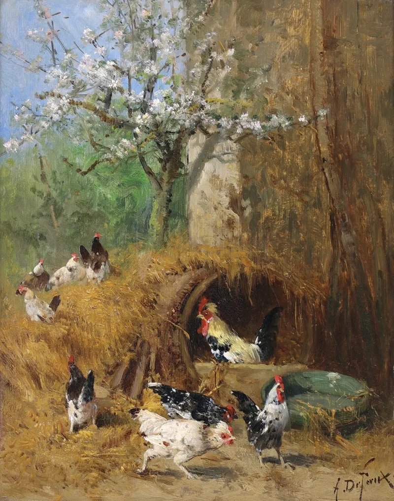 Printemps Poules Sous Le Pommier En Fleurs 2
