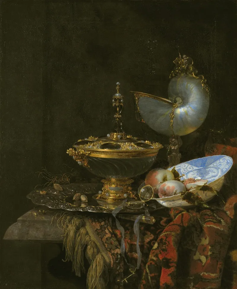 Pronk Still Life With Holbein Bowl Nautilus Cup Glass Goblet And Fruit Dish Wall Art by Willem Kalf - High-Resolution Digital Print
