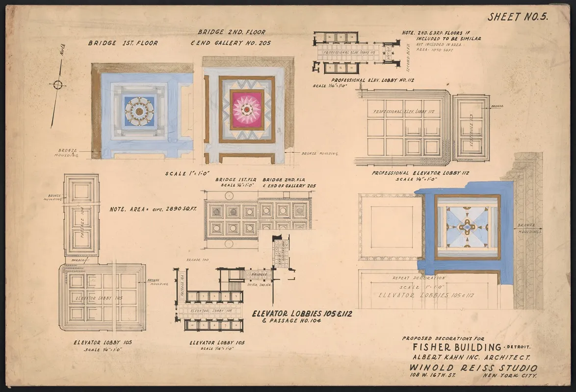 Proposed Decorations For Fisher Building Detroit Bridge 1st Floor Bridge 2nd Floor End Gallery No 205 Elevator Lobbies 105 112 Wall Art by Winold Reiss - High-Resolution Digital Print