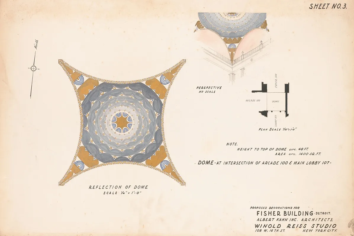 Proposed Decorations For Fisher Building Detroit Mi Sheet No 3 Dome At Intersection Of Arcade 100 And Main Lobby 107 Wall Art by Winold Reiss - High-Resolution Digital Print
