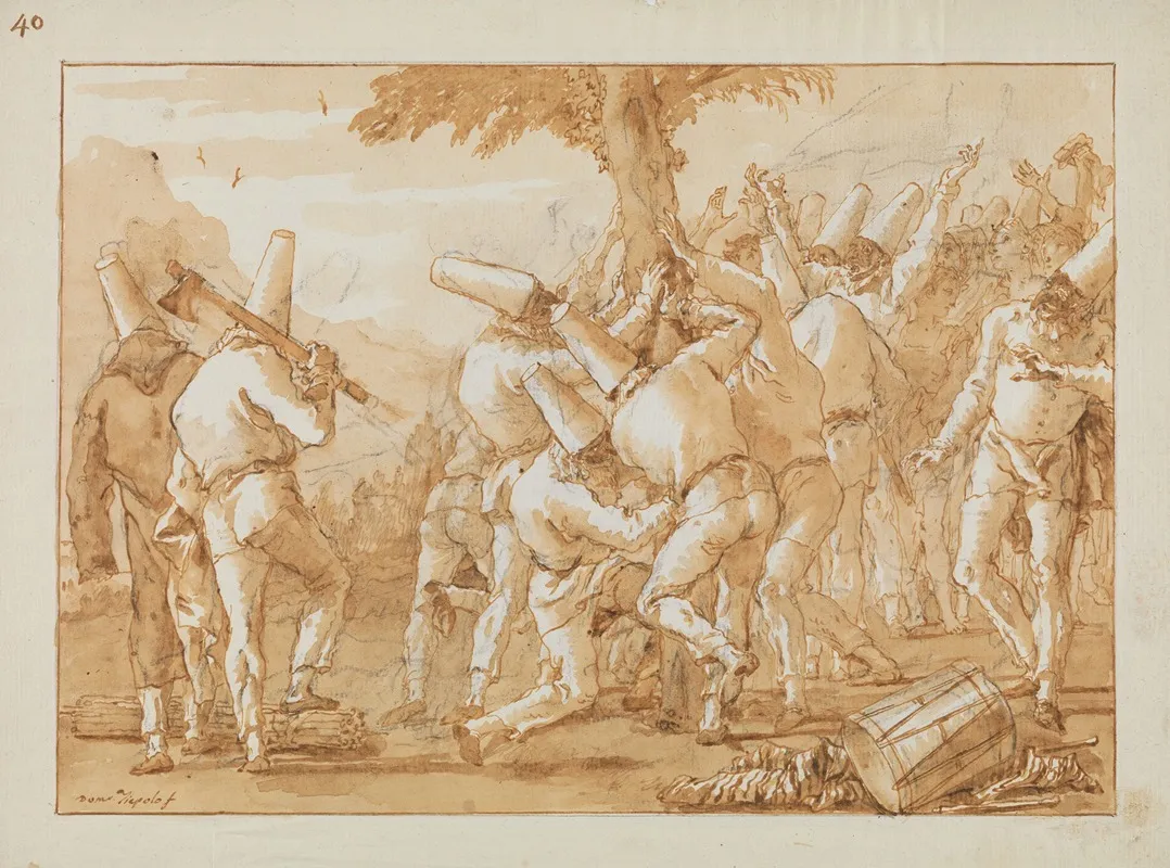 Punchinellos Felling Or Planting A Tree Wall Art by Giovanni Domenico Tiepolo - High-Resolution Digital Print