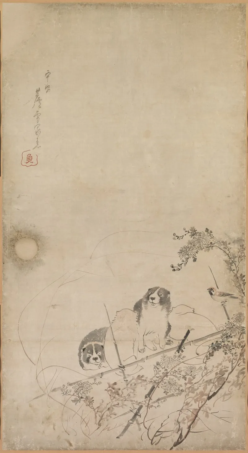 Puppies Sparrows And Chrysanthemums Wall Art by Nagasawa Rosetsu - High-Resolution Digital Print