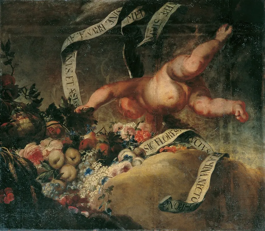 Putto Mit Blumen Fruchten Und Spruchband Wall Art by Peter Strudel - High-Resolution Digital Print