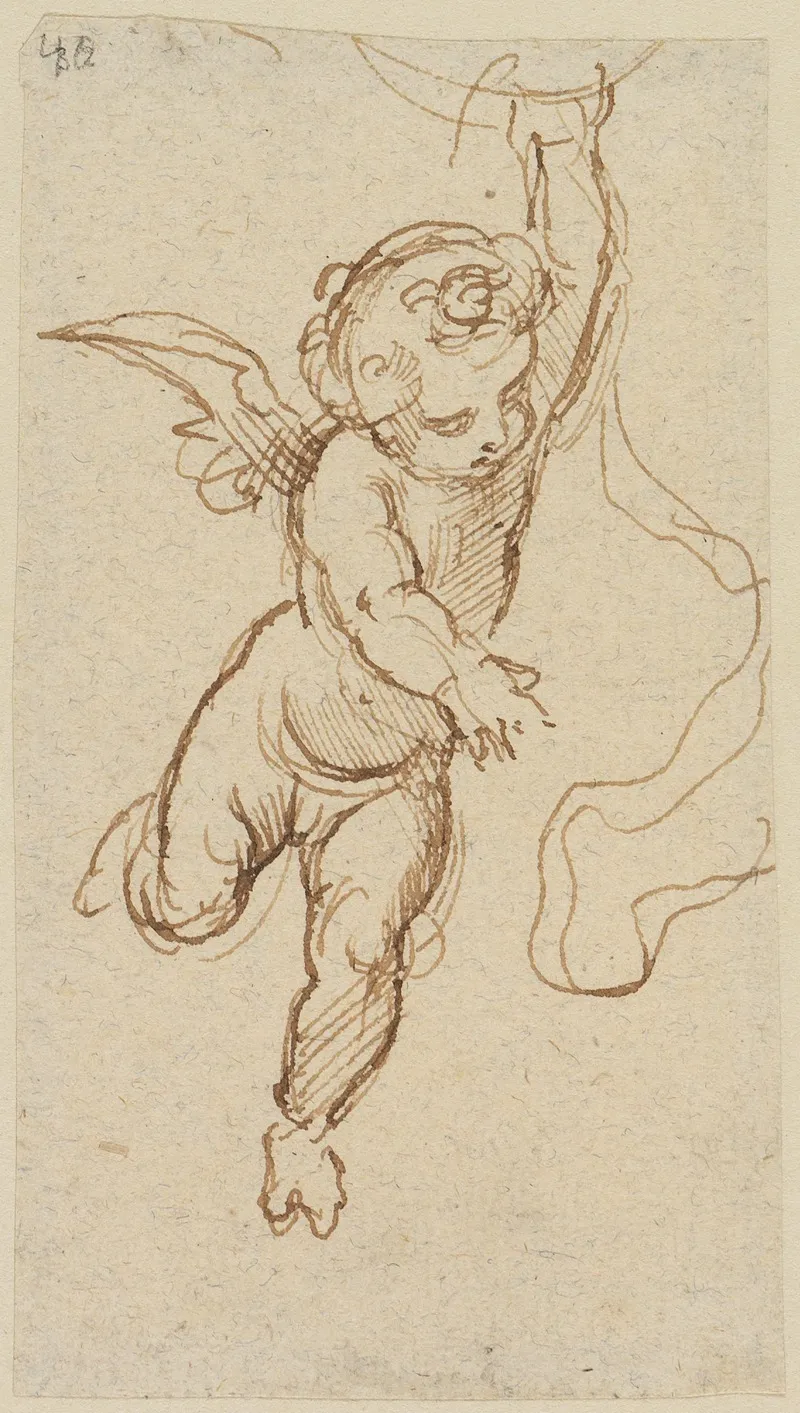 Putto Von Vorn Nach Rechts Fliegend Und Mit Der Rechten Hand Nach Unten Deutend