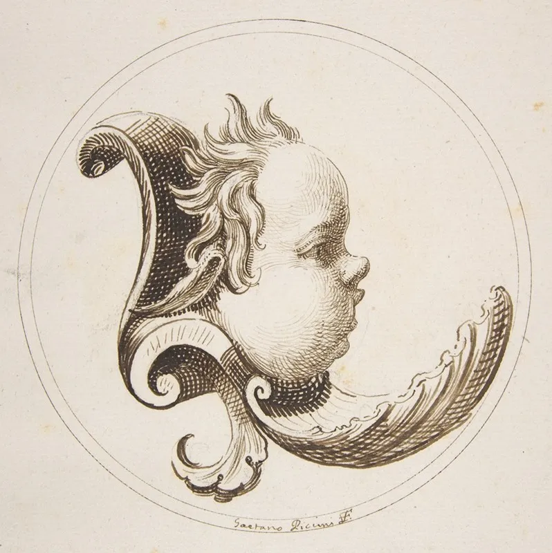 Puttos Head Looking To The Right With A Shell Beneath The Chin Within A Circle
