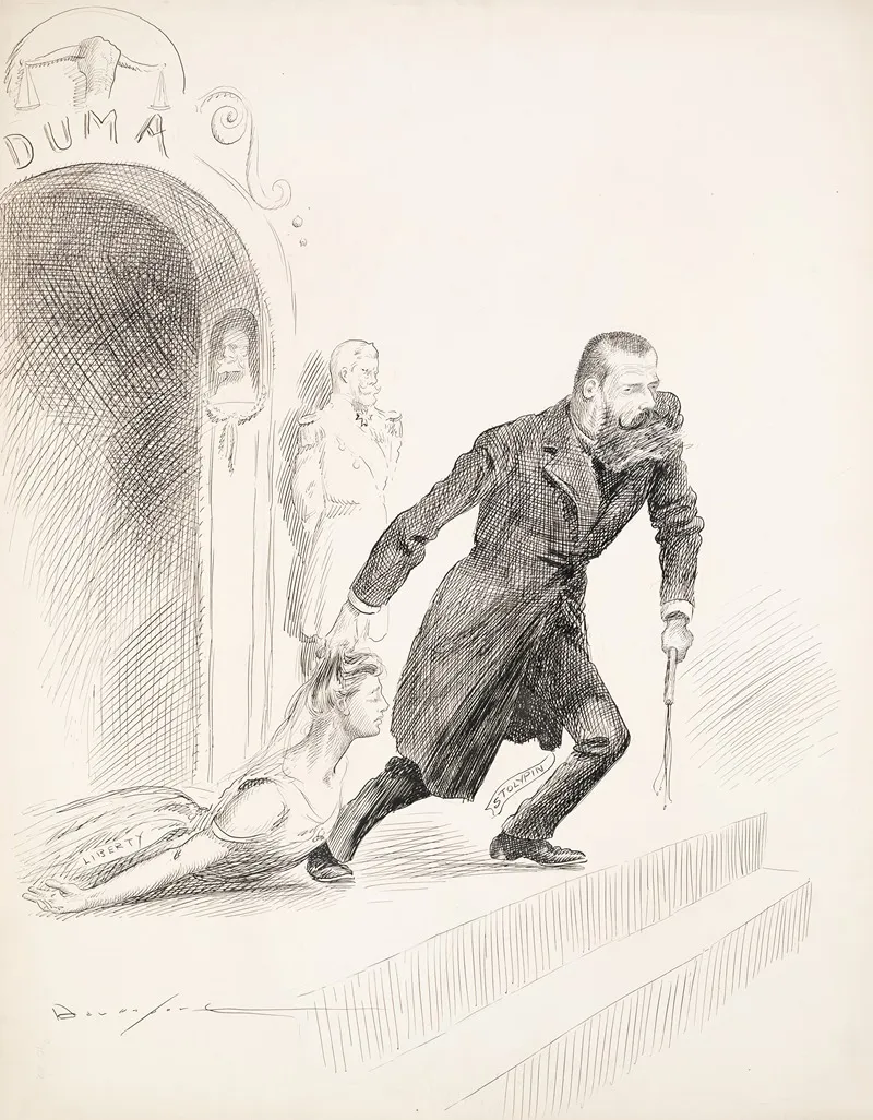 Pyotr Stoylpin A Russian Politician Drags A Woman Representing Liberty By The Hair From A Building