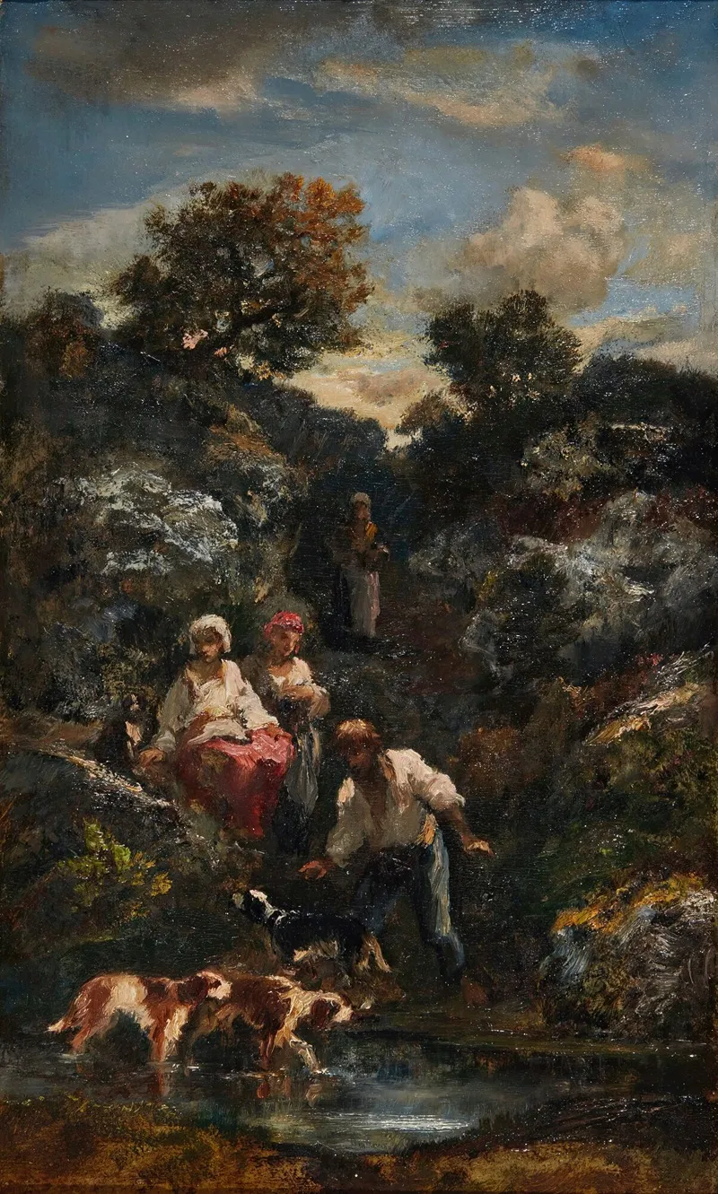 Quatre Bohemiens Et Chiens Une Mare Pres De Rochers