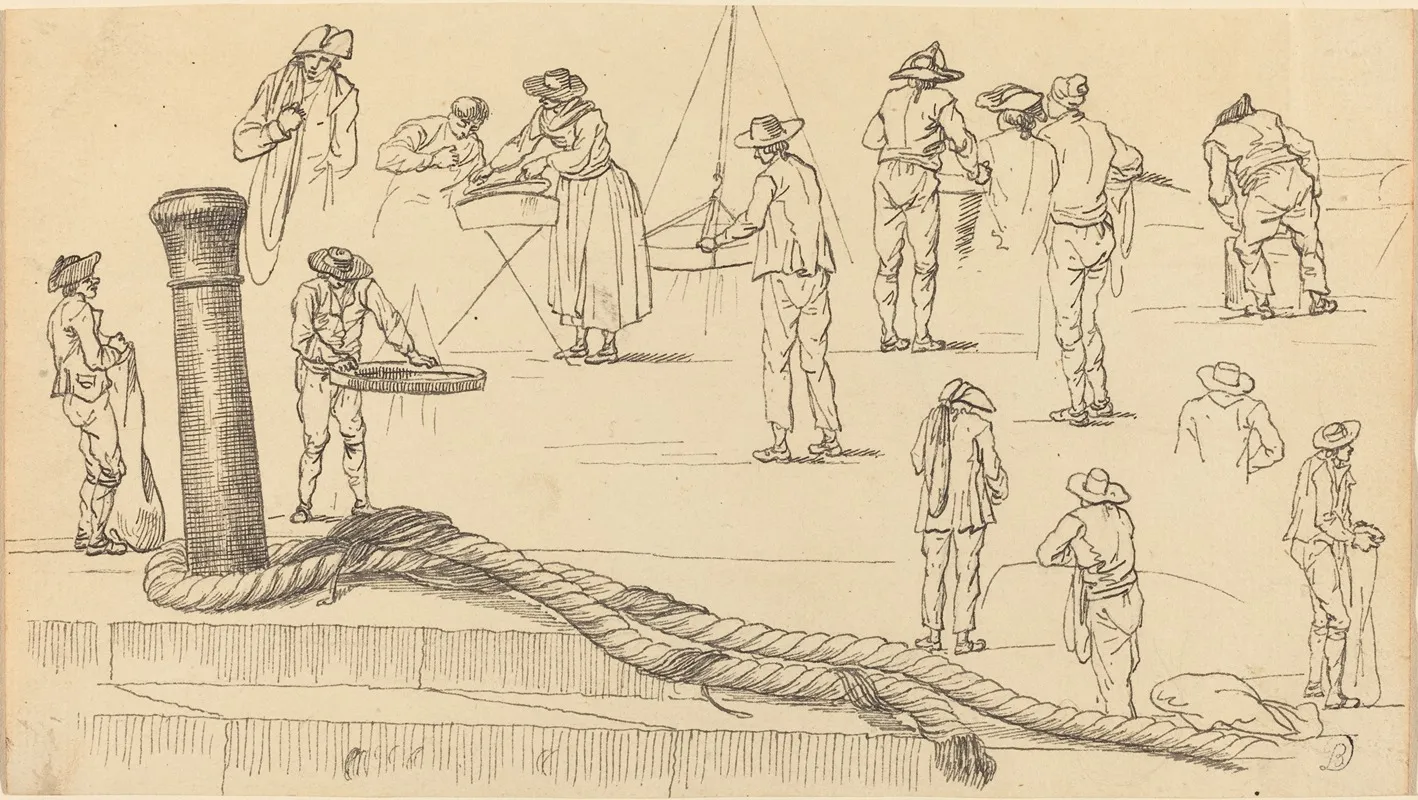 Quayside Figures And A Length Of Rope Attached To A Bollard