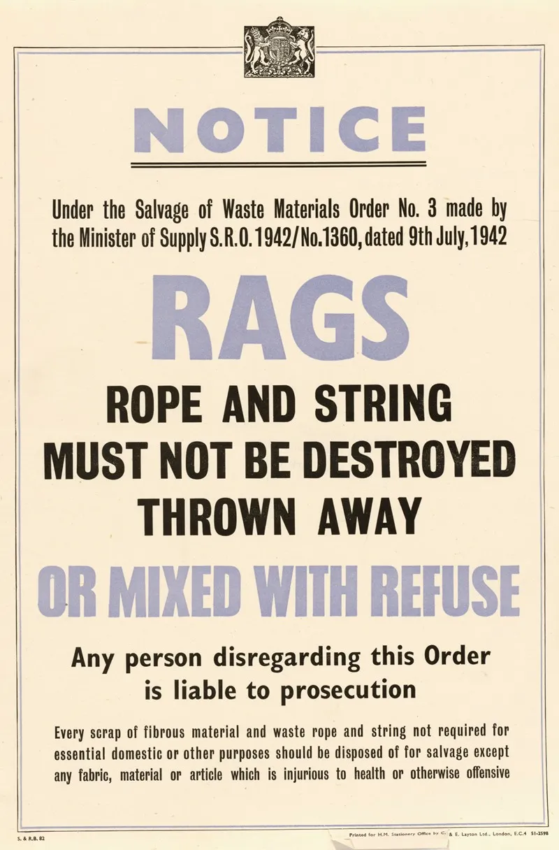 Rags Rope And String Must Not Be Destroyed Thrown Away Or Mixed With Refuse Wall Art by Anonymous - High-Resolution Digital Print