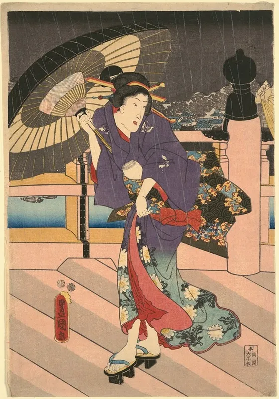 Rainy Scene On A Bridge Ame No To No Sue 3 Wall Art by Utagawa Kunisada (Toyokuni III) - High-Resolution Digital Print