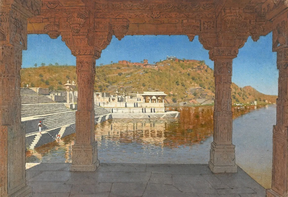 Rajnagar Marble Embankment Decorated With Bas Reliefs On A Lake In Udaipur Wall Art by Vasily Vereshchagin - High-Resolution Digital Print