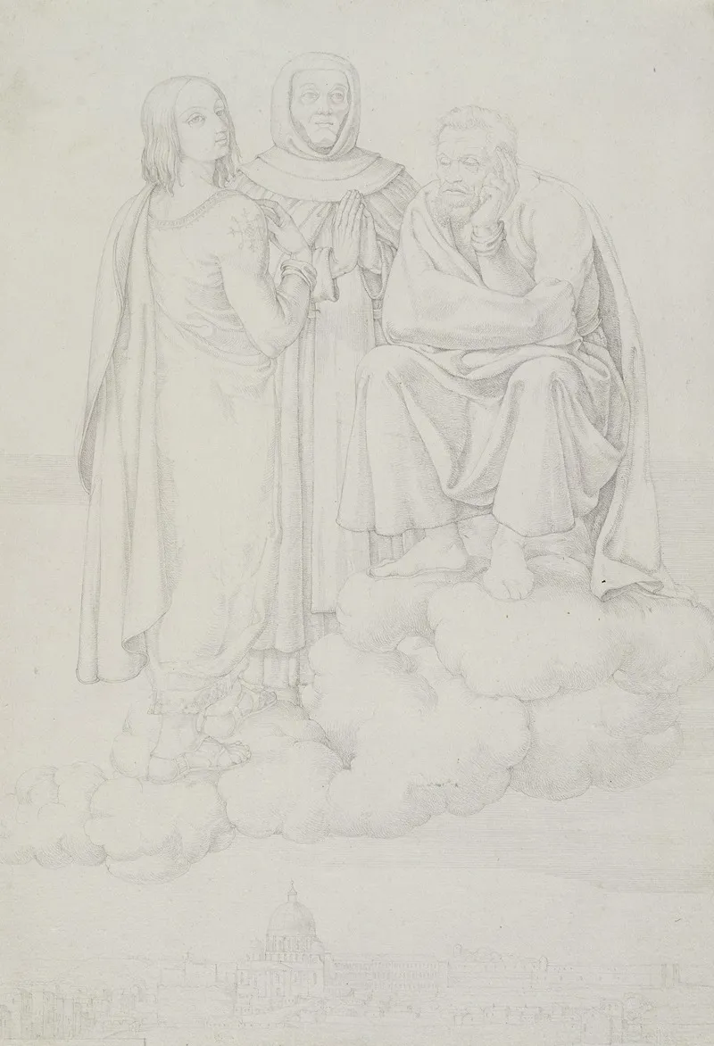 Raphael Fra Angelico And Michelangelo On A Cloud Over Rome