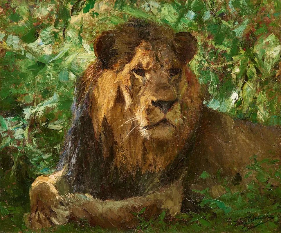 Rastender Lowe Lowe Im Grunen Wall Art by Wilhelm Kuhnert - High-Resolution Digital Print