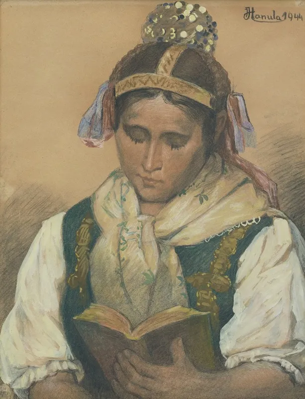 Reading In Traditional Costume Wall Art by Jozef Hanula - High-Resolution Digital Print