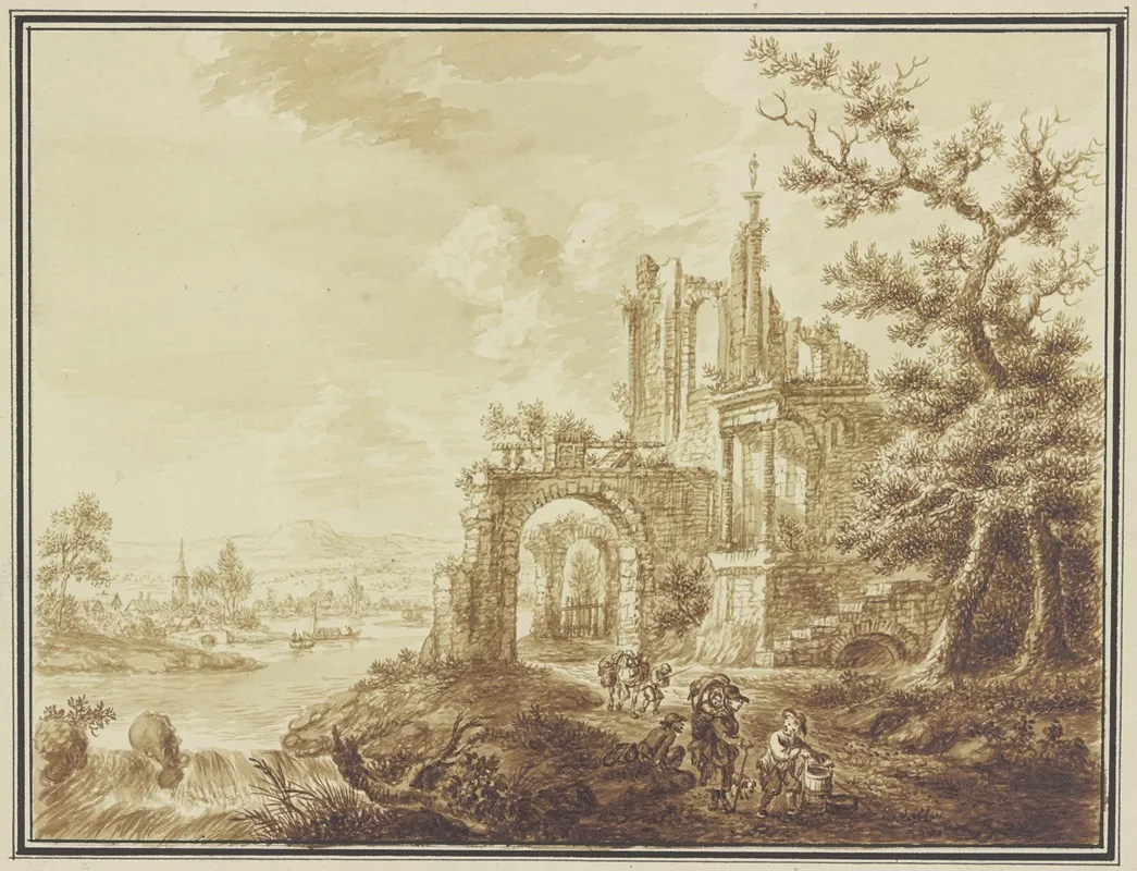 Rechts Neben Einem Baum Eine Ruine Durch Die Ein Weg Fuhrt Mit Bauern Und Einem Lasttier Links Ausblick Auf Eine Fluslandschaft Wall Art by Franz Hochecker - High-Resolution Digital Print