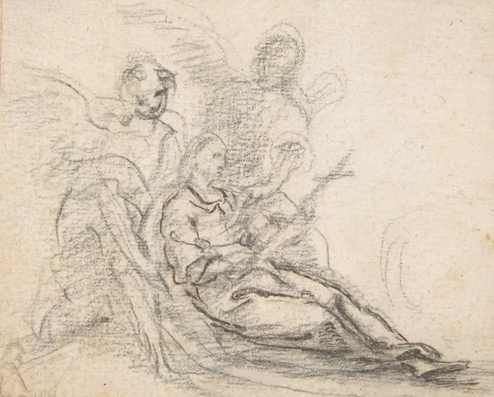 Reclining Figure Of Saint Holding Cross Supported By Two Angels