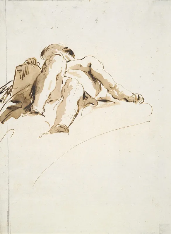 Reclining Male Nude With Right Hand Resting On A Stone Tablet Seen From Below Wall Art by Giovanni Battista Tiepolo - High-Resolution Digital Print