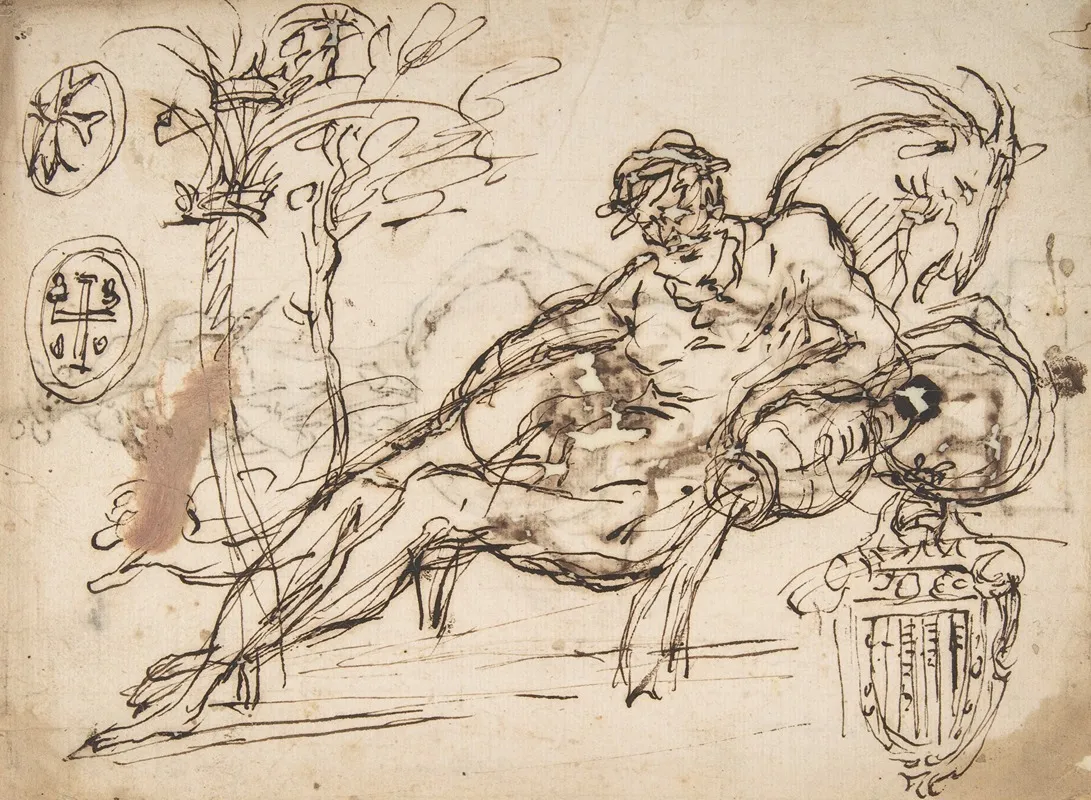 Reclining River God A Goats Head And Studies Of Heraldic Emblems