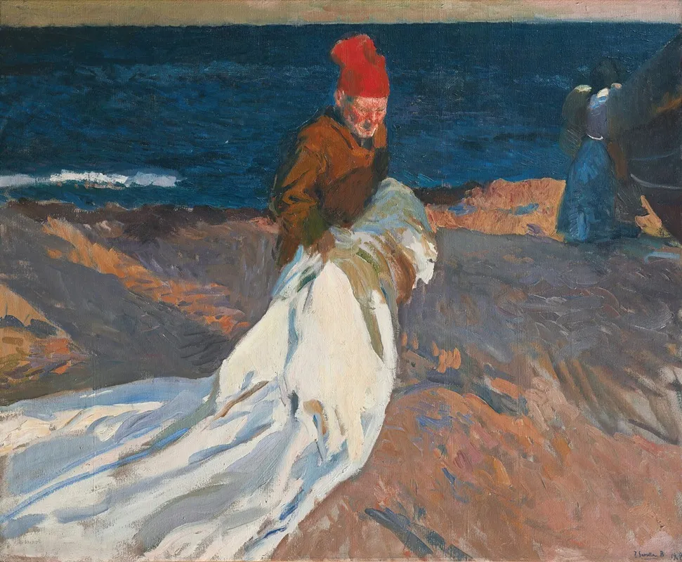 Recogiendo La Vela Playa De Valencia Gathering The Sail Valencia Beach Wall Art by Joaquín Sorolla - Canvas Print