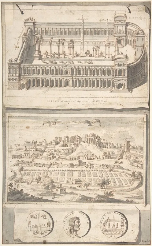 Reconstruction Of The Circus Maximus Above And A View Of The Site Below Wall Art by Jan Goeree - High-Resolution Digital Print