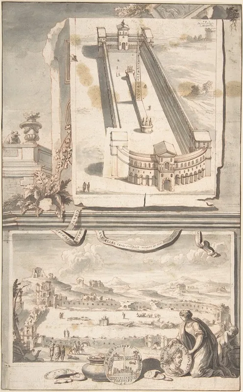Reconstruction Of The Circus Of Caracalla Above And A View Of The Ruins Below Wall Art by Jan Goeree - High-Resolution Digital Print